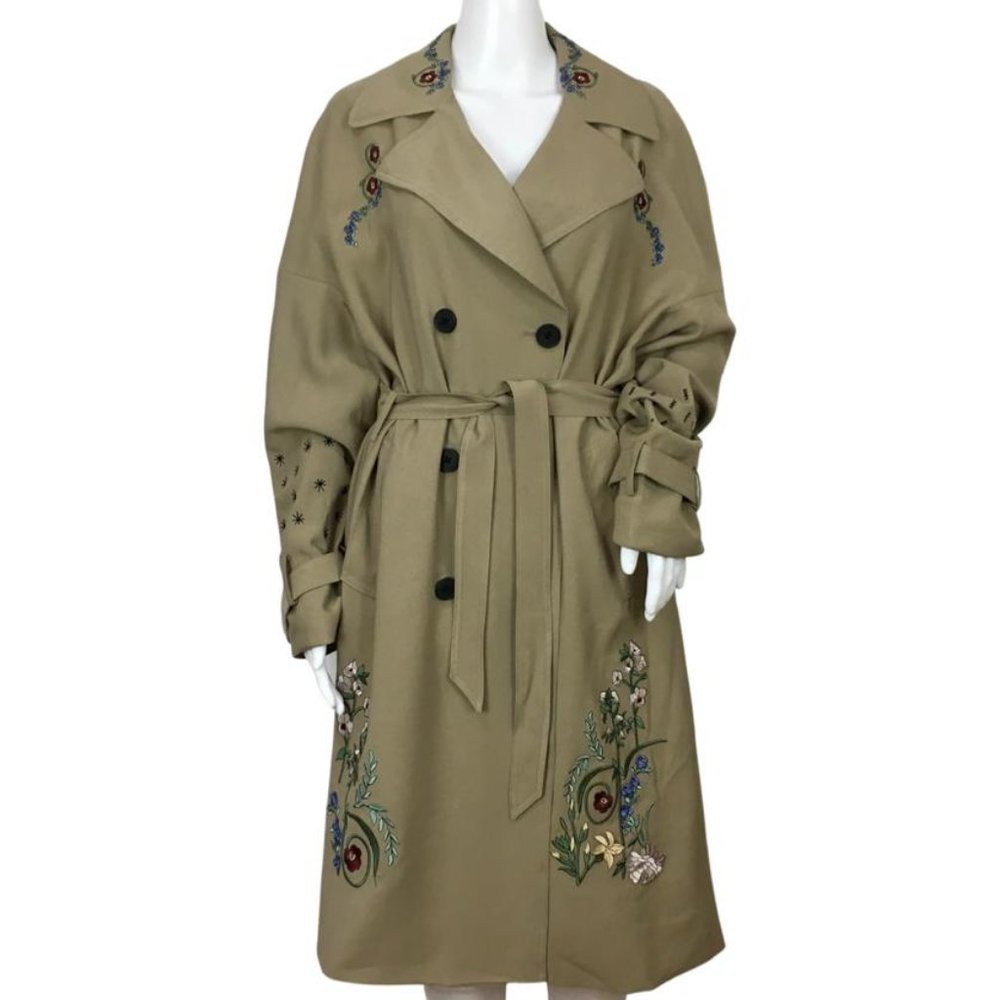 NWT Desigual Women’s Trench Coat Malang Embroidered Details Beige Color Sz 44